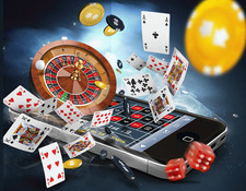 Mobile Phone With Icons of Cards Chips Dice and a Roulette Wheel
