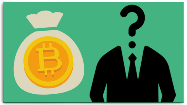 Money Bag with Bitcoin Logo, Anonymous Silhouette of Guy with Tux  