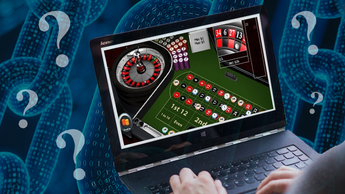 Woman Playing Online Roulette on Laptop, Blockchain Background, Question Marks