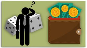Wallet with Cash and Bitcoin Coming Out, Silhouette of Guy Scratching His Head, Casino Dice