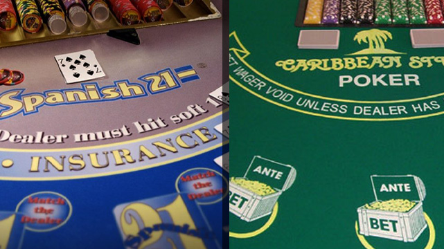 Left Spanish 21 Table Game, Poker Cards and Chips Showing, Caribbean Stud Poker on Right. Poker Chips