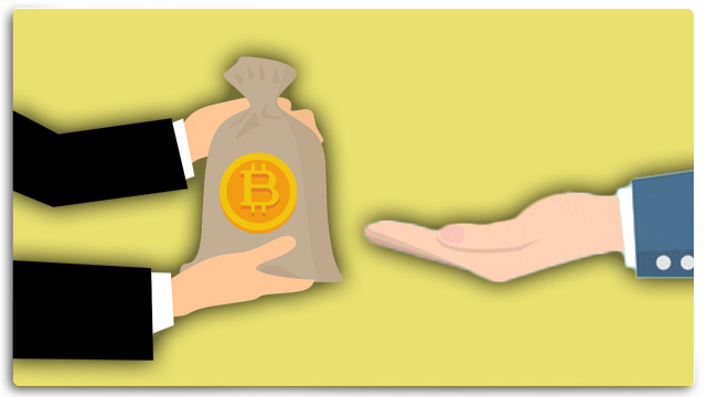 Hand Holding Money Bag with Bitcoin Logo. Hand Holding Out for Bag