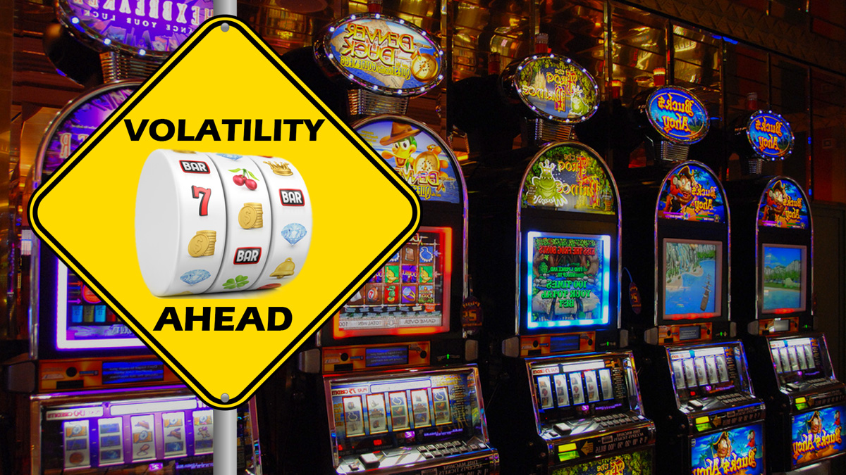 Row of Casino Slot Machines, Caution Volatility Ahead Sign