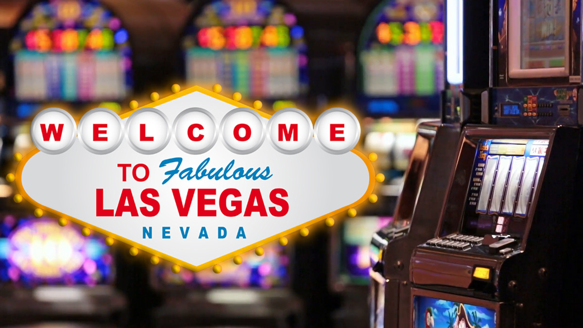 Welcome To Las Vegas Sign, Slot Machines in Casino in Background
