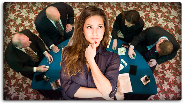 Aerial View of Group of People Playing Blackjack, Woman Thinking, Hand on Chin