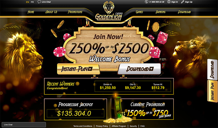 Homepage of Golden Lion Casino Displaying Welcome Bonus Offer