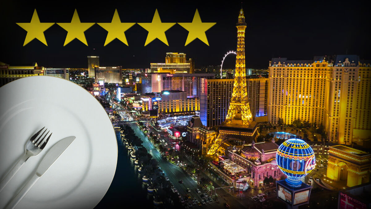 Las Vegas Strip Night View, Plate with Fork and Knife On Top, 5 Gold Stars Icon