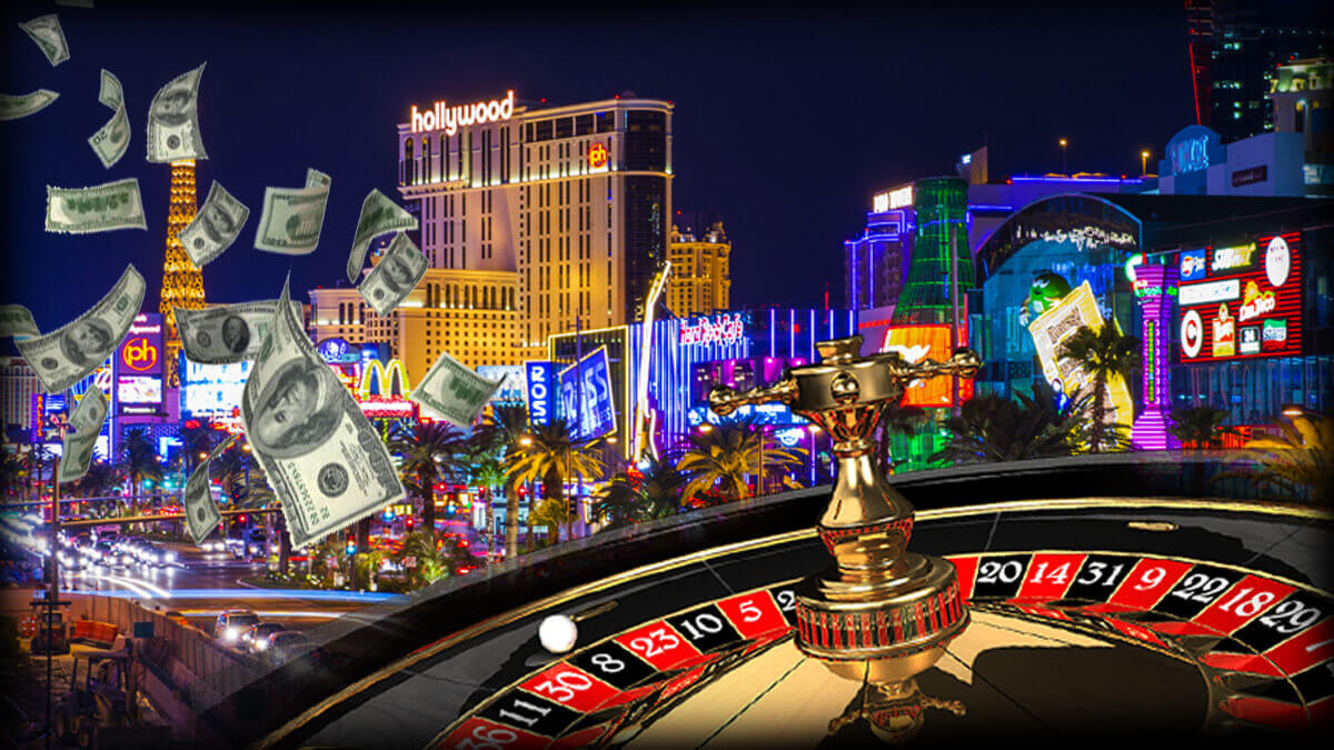 Las Vegas Strip Casinos at Night, Roulette Wheel, Money Falling Down