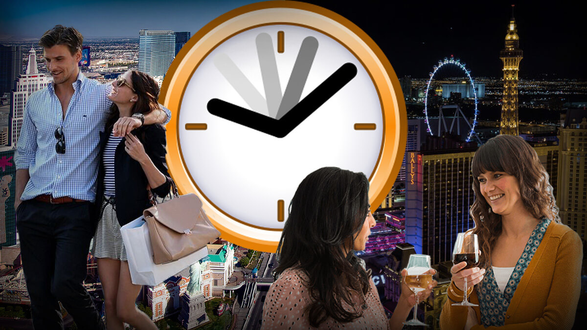 Vegas Strip During Day and at Night, Clock Ticking, People Walking with Shopping Bags, Friends Drinking Wine