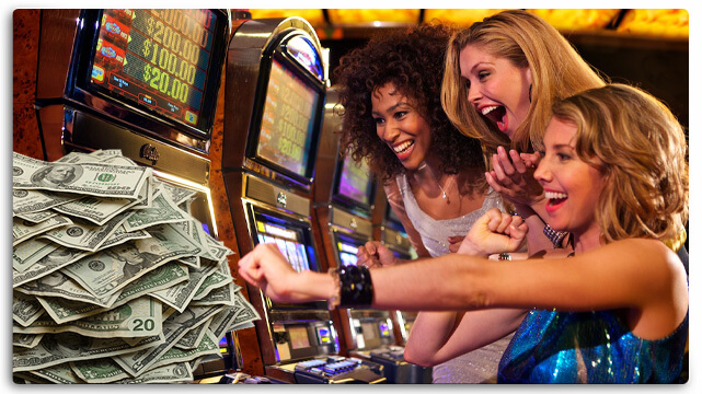Group of Women Playing Slots in Casino, Pile of Money