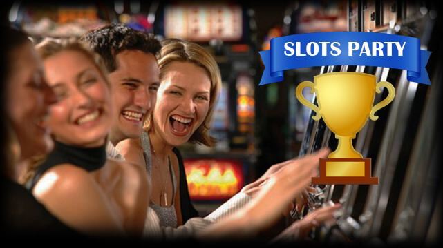 Group of Friends Playing Casino Slot Machines, Slot Party Banner