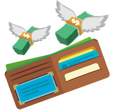 Wallet with Cards and Money, Two Stacks of Money with Wings Flying