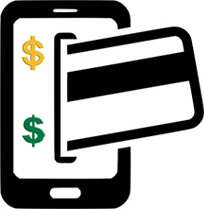 Mobile Phone Icon with Credit Card Popping Out of Screen, Gold and Green Dollar Signs on Phone Screen