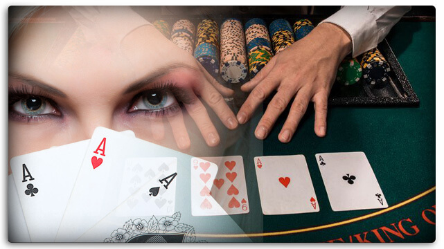 Dealer Reaching for Poker Cards, Poker Chips, Poker Table, Woman with Poker Cards to Her Face