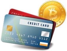Two Credit Cards Stacked, Gold Bitcoin Coin Behind Cards