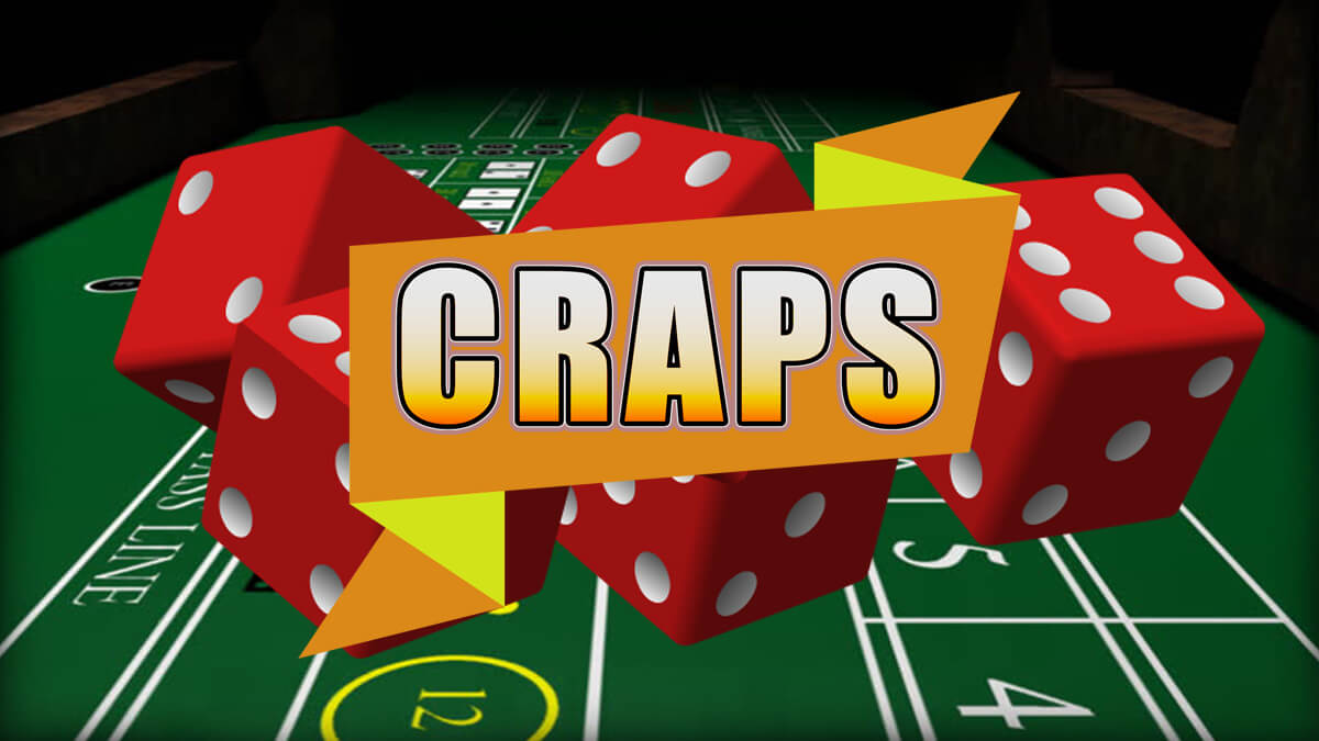 Craps Casino Table, Banner with Craps Text Logo, Group of Red Casino Dice in Background