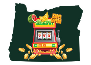 State of Oregon Shape Icon, Slot Machine Hitting Jackpot with Coins Flying Out