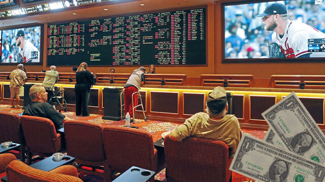 People Sitting at Casino Sportsbook, Three Dollar Bills Spread Out