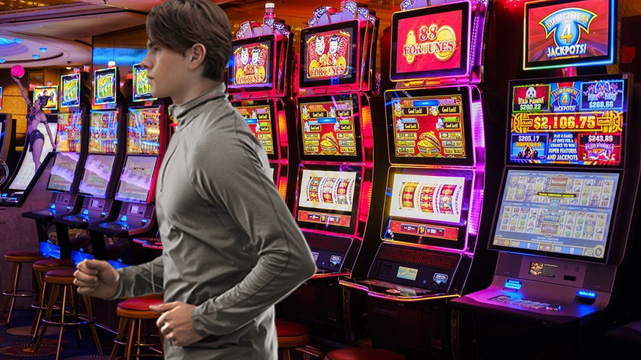 Casino Slot Machine Row, Guy เดินออกจากสล็อต