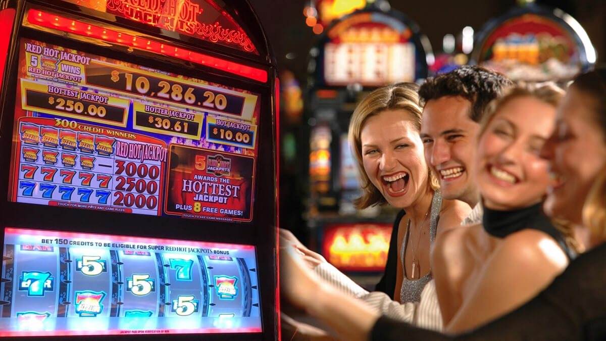 Group of Friends Playing Slots at a Casino - Red Hot Jackpot Slot Machine