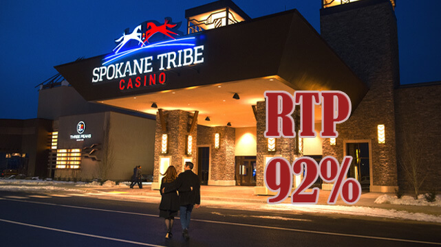 Outside the Spokane Tribe Casino, Two People Walking Into Casino, RTP 92%