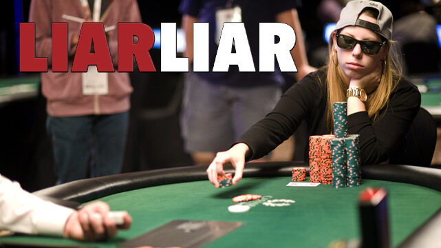 Woman Wearing Sunglasses Playing Poker, Text Displaying Liar Liar