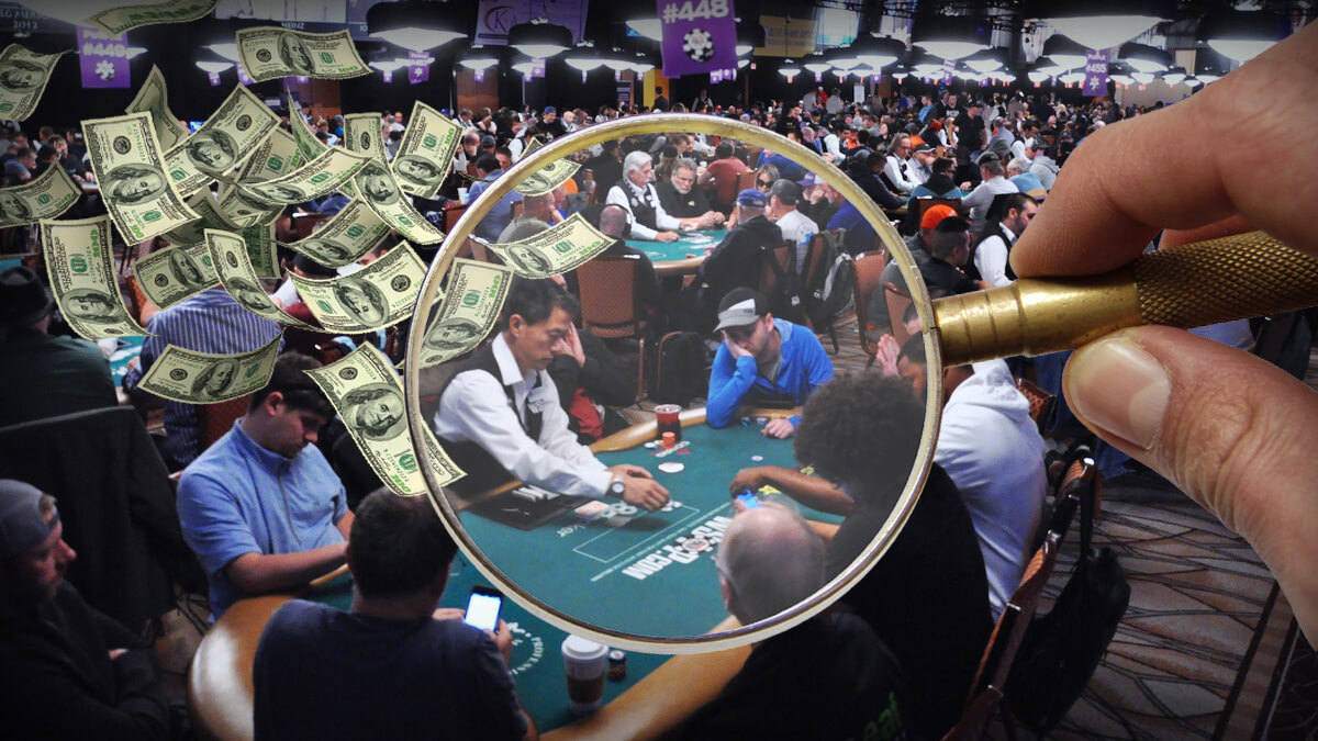 Crowded Casino Poker Table, Cash Bills Flying, Hand Holding Magnifying Glass