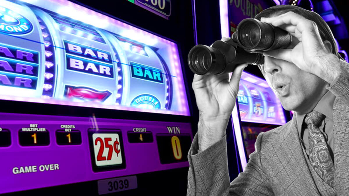 Casino Slot Machine Up Close Showing Reels, Guy Looking Through Binoculars