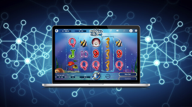 Laptop Computer Displaying Online Slot Game, Digital Data Background