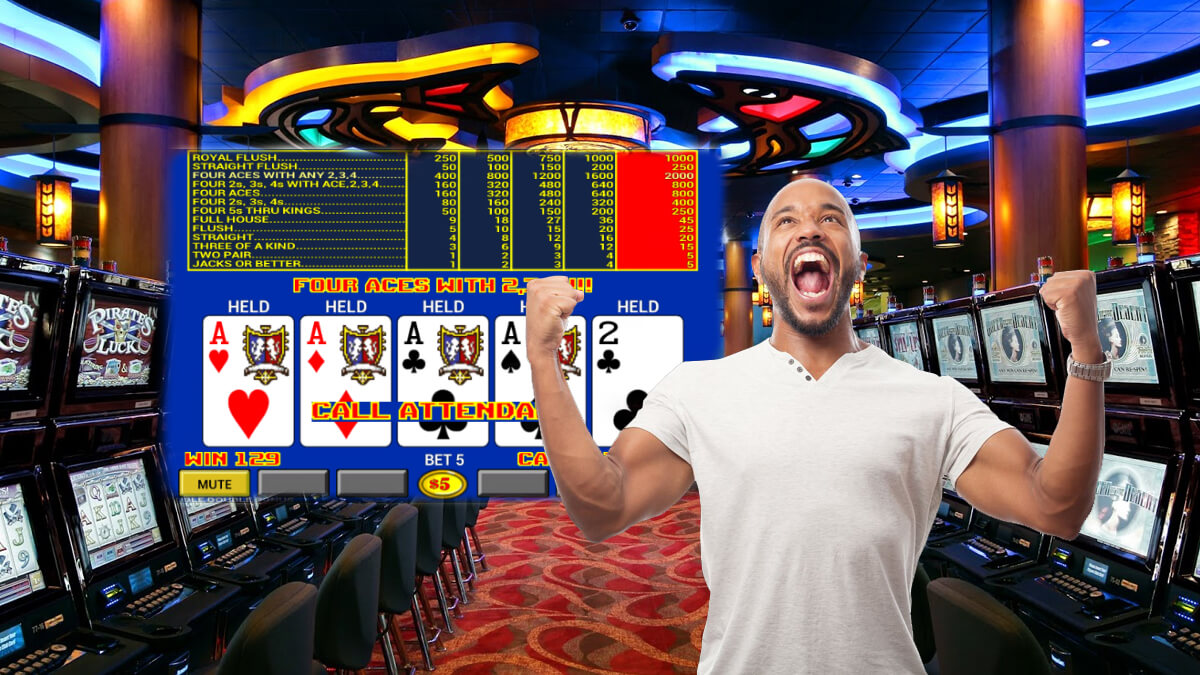 Slot Machines at a Casino Floor - Video Poker Screenshot - Man Celebrating
