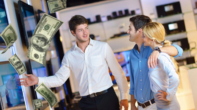 Sales Employee Talking to Couple, Money Bills Flying