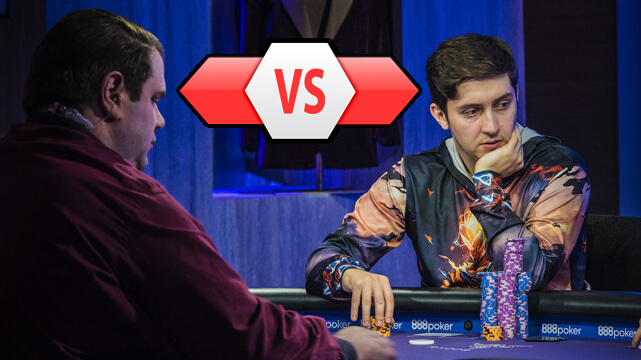 Two Poker Players at Table Grabbing Chips, Red Versus Banner