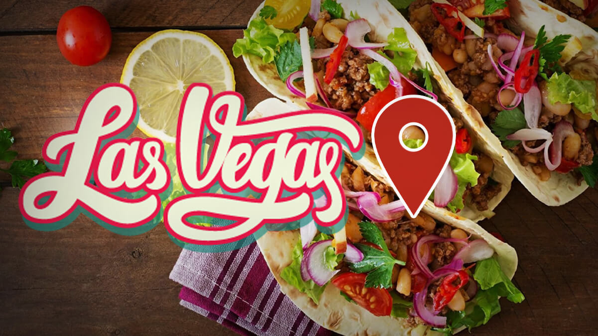 Tacos on Wooden Table, Las Vegas Text, Red Location Symbol