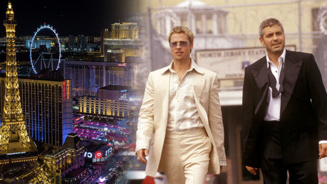 Brad Pitt and George Clooney in Ocean's Eleven, Las Vegas Strip at Night
