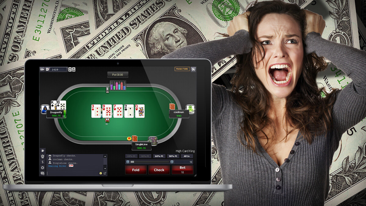 Money Pile, Woman With Hands on Her Head Screaming, Laptop Displaying Poker Game