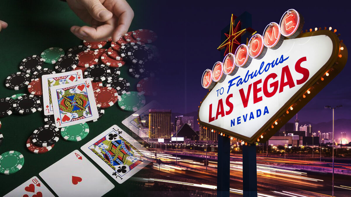 Poker Cards and Casino Chips on Casino Table, Welcome to Las Vegas Sign