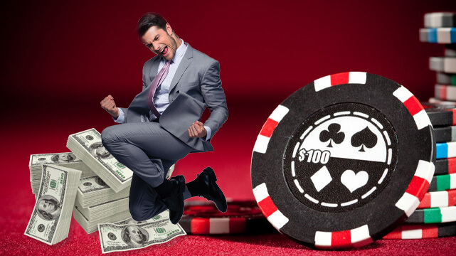 Poker Chips, Stack of Money, Guy Jumping with Joy