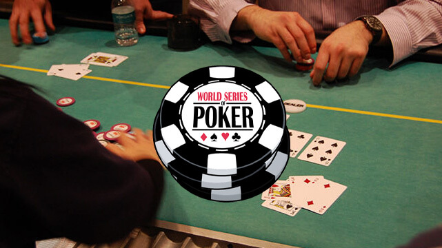 Dealer and Player Sitting at Casino Table Game, WSOP Logo