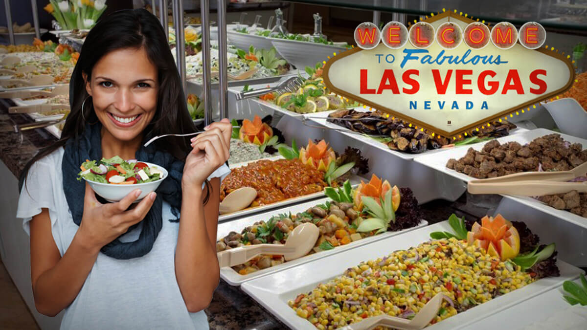 Buffet Food Options, Welcome to Las Vegas Sign, Woman Eating Salad