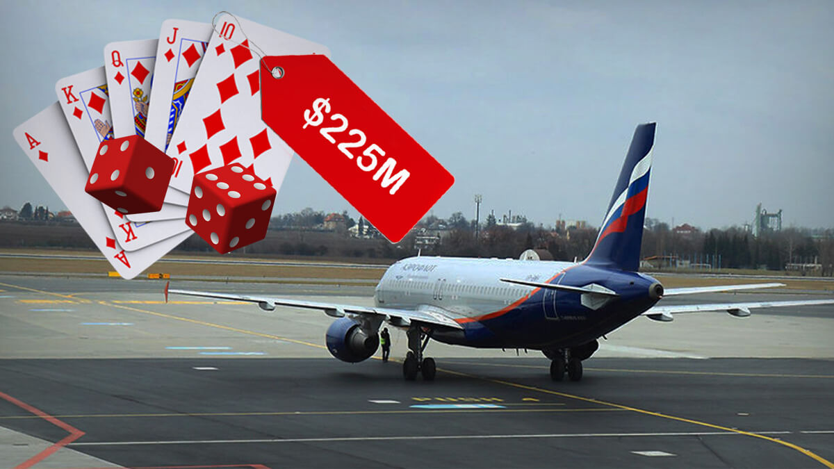 Plane on Airport Tarmac, Poker Cards, Red Dice, $225 million Price Tag