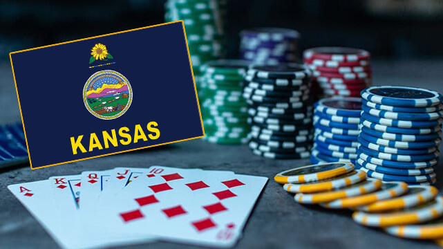Poker Cards and Poker Chips on Table, Kansas State Flag