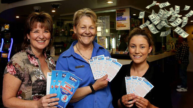 Three Women Holding Up Winning Keno Ticket, Money Floating