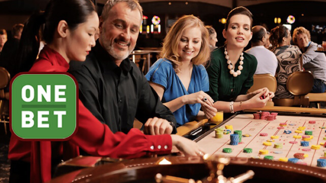 Group of People with Casino Dealer Playing Roulette, One Bet Green Icon