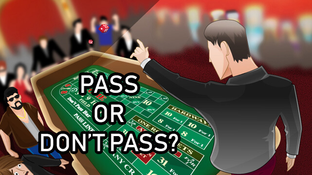 Illustration of People Surrounding Craps Table, Man Pointing Down Table, Pass Or Dont Pass Text
