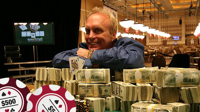 David Chip Reese Poker Player Sitting with Stacks of Money, Two Poker Chips