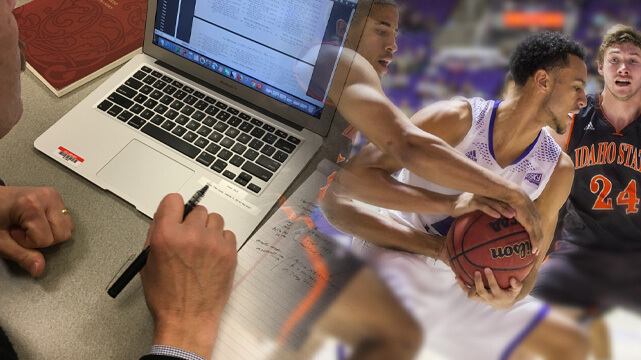 Person With Laptop Open, Writing Down Notes, Basketball College Game