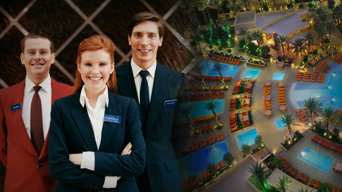 Three Casino Staff Workers, Hotel Pool Aerial View