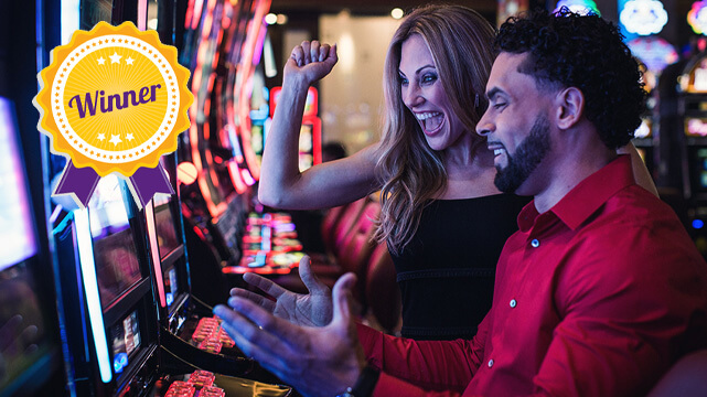 Two People Playing Casino Slot Machines, Winner Ribbon