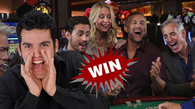 Group Playing Blackjack at the Casino, Guy Shouting, Win Logo