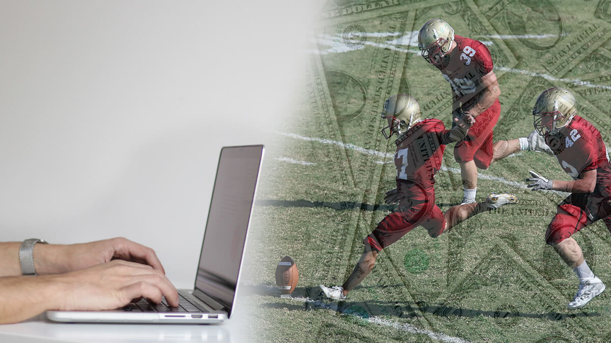 Person Using Laptop Computer, Football Game, Money